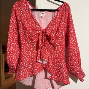 LAWLESS Red Floral Blouse with Tie-Front